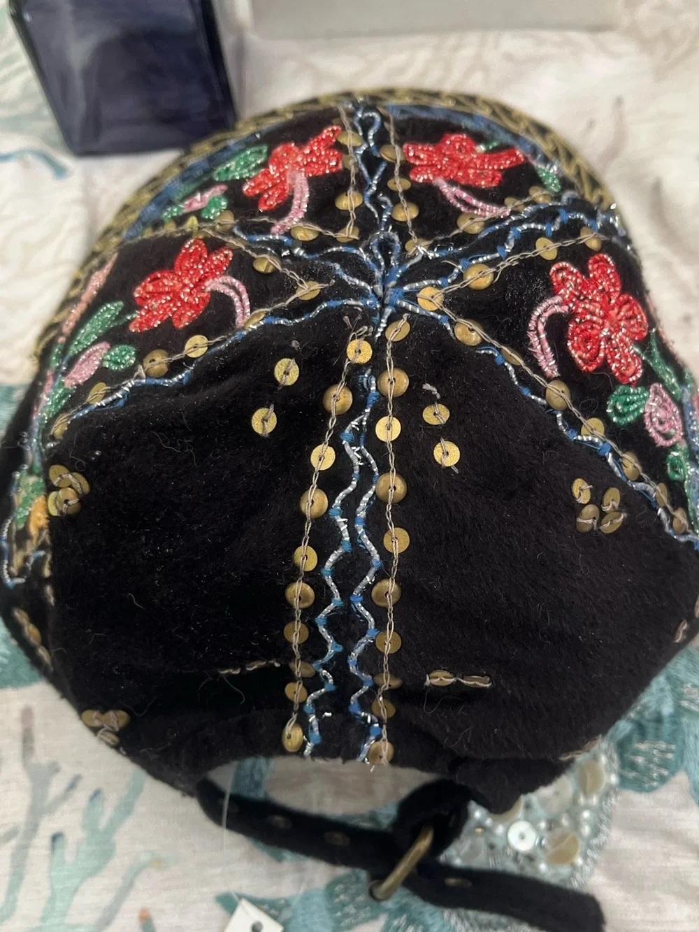 Brand New! Embroidered Floral Black Cap with Multicolor Beading